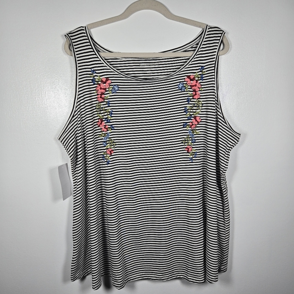 Striped Sleeveless Tank with Pink Floral Embroidery